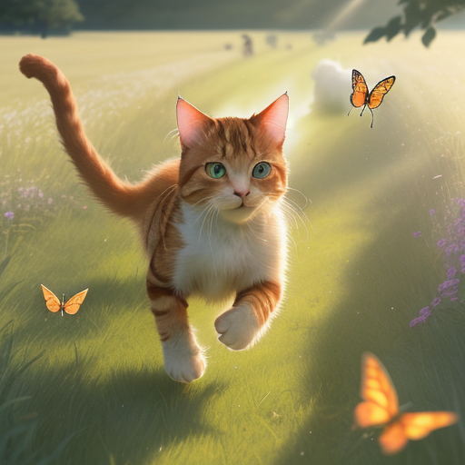 a playful ginger cat chasing butterflies in a sunlit meadow - stable diffusion