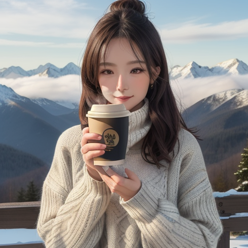 A woman, dressed in knitted sweater and winter clothes, holding coffee in her hands. Behind her is a beautiful mountain