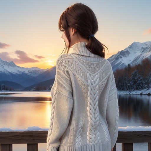 A cute woman from back view, looking at the mountains, dressed in knitted sweater and winter clothes. sunset.