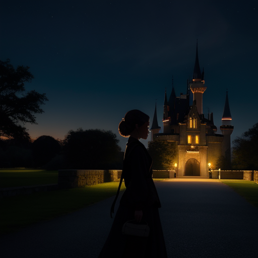 A beautiful woman, glowing with light. In front of a castle at night, and her shadow looks mysterious